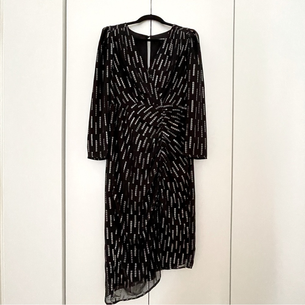 Express Metallic Faux Wrap Ruched Front Asymmetrical Midi Dress